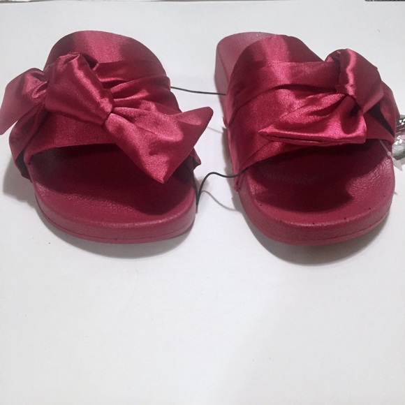 Olivia Miller Burgundy Satin Bow Slide Sandals - Picture 3 of 7